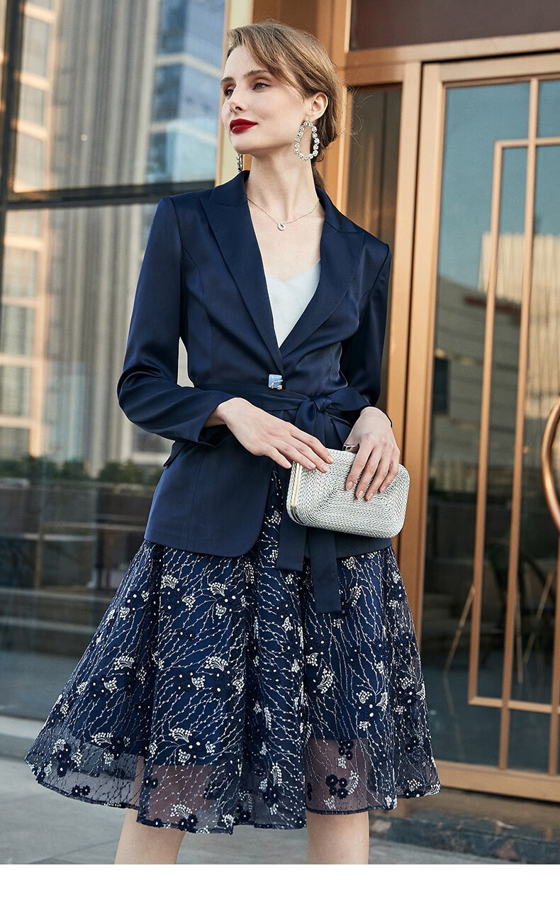 fleurwood缎面套装春新款时尚品牌女装轻奢西装外套蕾丝绣花大摆半身