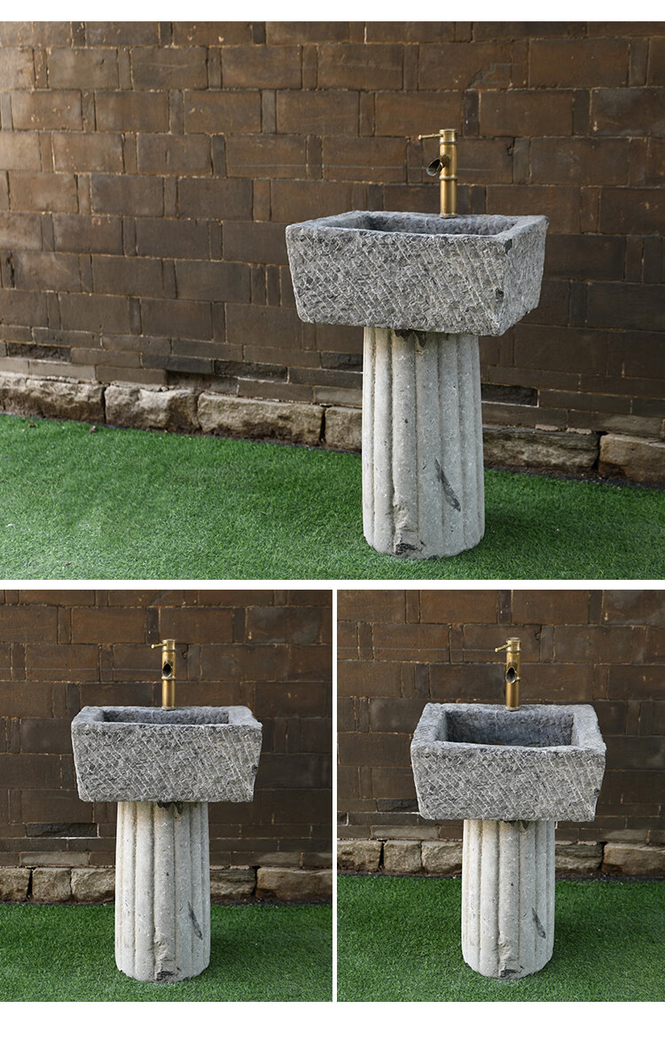 老旧石槽洗手盆圆形单孔立柱洗手池石头户外别墅庭院洗脸盆大理石方型