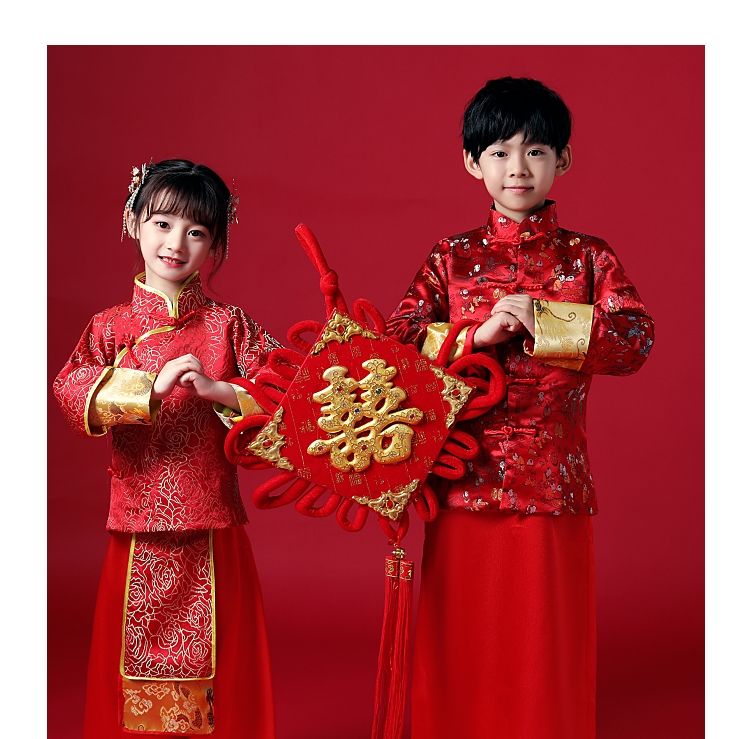 南糖三色过年喜庆宝宝唐装女童中国风儿童新年衣服男女中式花童礼服