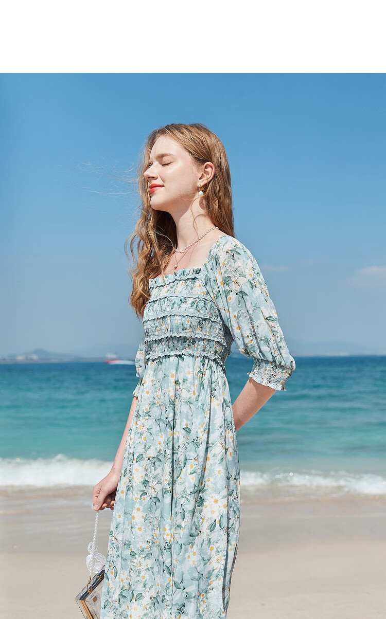 秋水伊人碎花连衣裙夏装新款女装复古泡泡袖层叠花边碎花裙蓝绿m