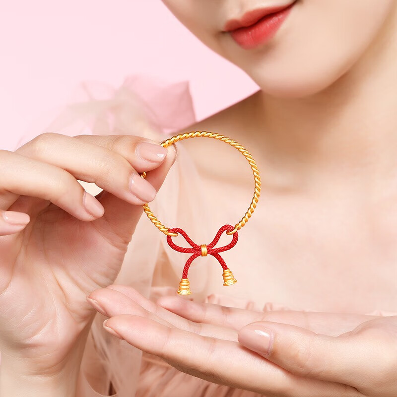 老凤凰同款蝴蝶结手镯童镯红绳吉祥宝宝au750金镯子古法麻花计价重量