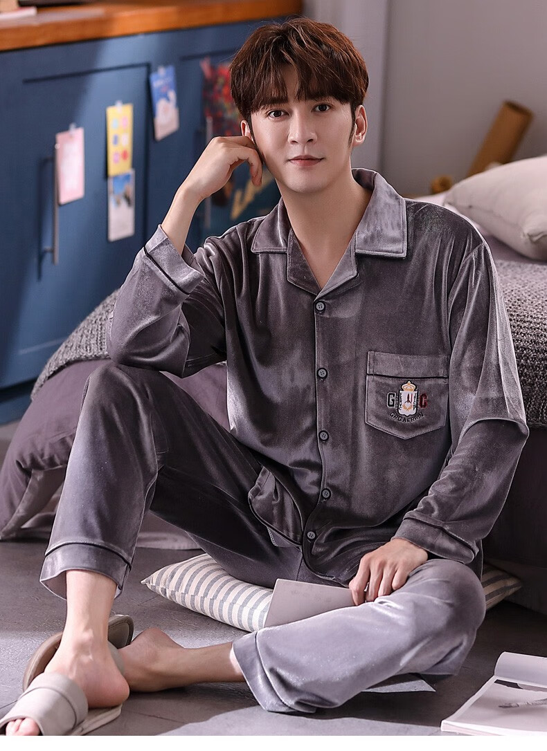 小布琳珊瑚绒睡衣男士秋冬季加绒加厚保暖家居服大码开衫男款冬天套装