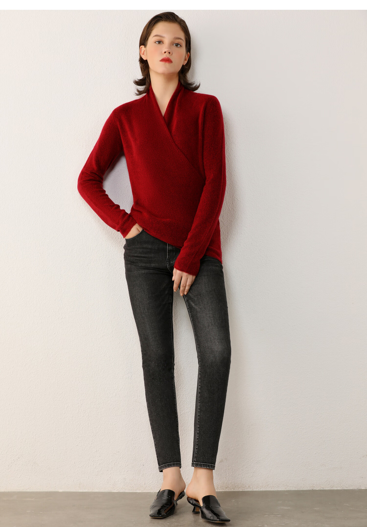 amii极简通勤时尚围裹交叉v领毛衣冬季新款修身显瘦上衣女 摩卡色 160