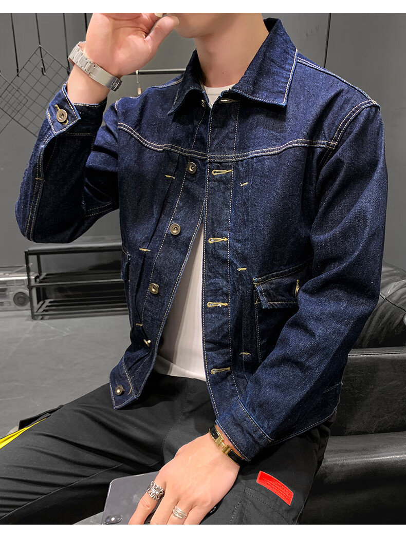杰夫尼奥轻奢品牌 薄款牛仔外套男春秋2020新款黑色牛仔衣韩版潮流