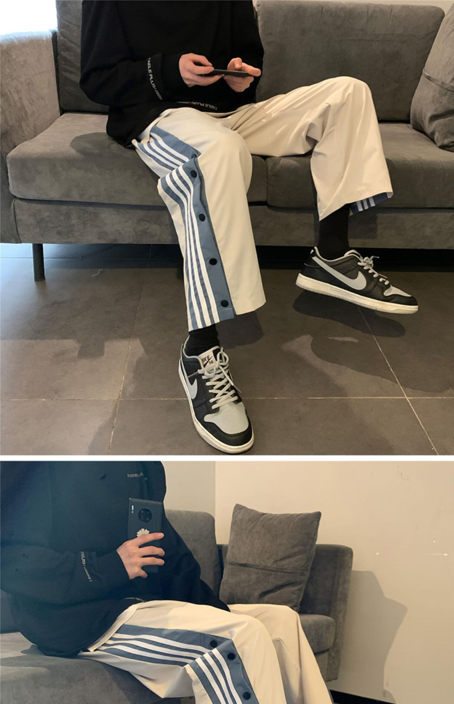 排扣裤男半开夏季侧排扣裤男潮大码宽松9分直筒半开篮球运动裤子男生