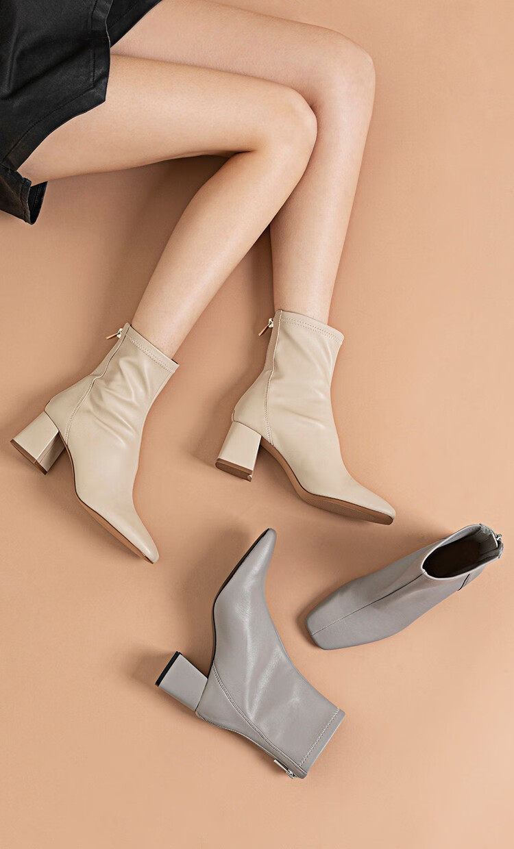 hlenden品牌米色粗高跟靴子秋冬2020新款短靴ins潮流女靴 灰色 35(跟