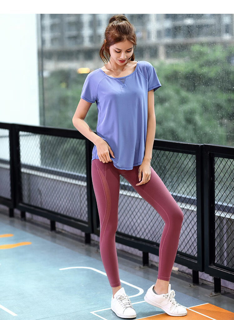 今乐美新款网纱开叉瑜伽t恤女运动健身服时尚潮流速干透气薄款美背