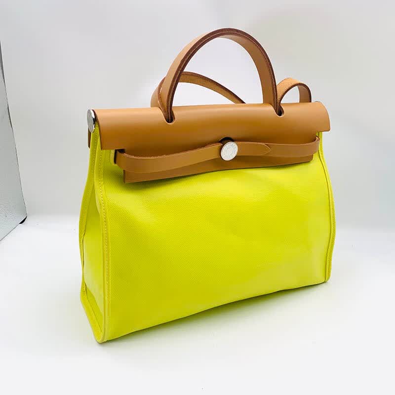 二手95新hermes爱马仕herbag30柠檬黄牛皮帆布拼接手提包