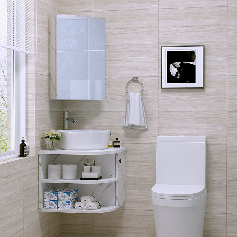 小户型实木三角浴室柜组合卫生间扇形洗漱台洗手盆转角大理石台面