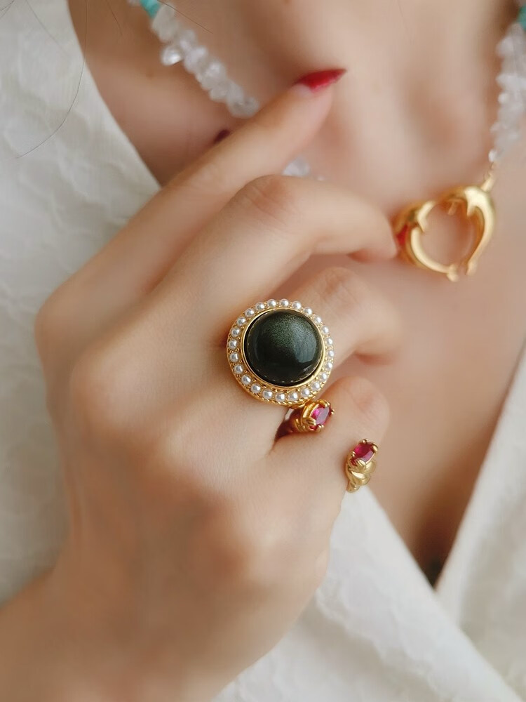 华花弥(huahuami)轻奢星光复古拉长石珍珠戒指ins天/然水晶金耀石戒子