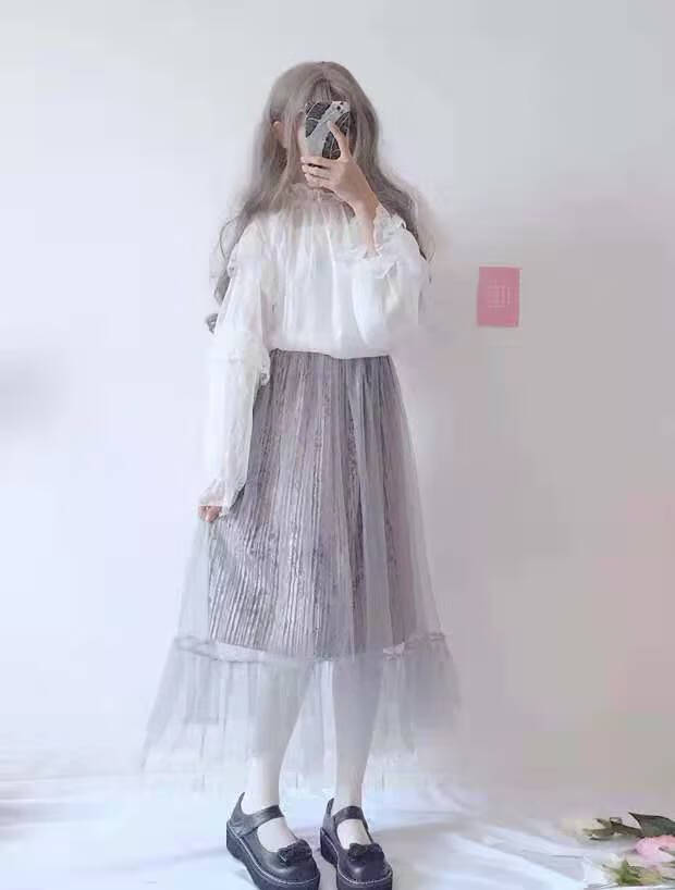 洛丽塔lolita内搭长袖夏软妹泡泡袖蕾丝仙女内衬打底上衣雪纺衫白色无