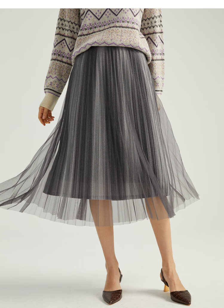 同款】迪赛尼斯2020冬季新款气质通勤网纱中长款百褶裙半身裙女 烟灰