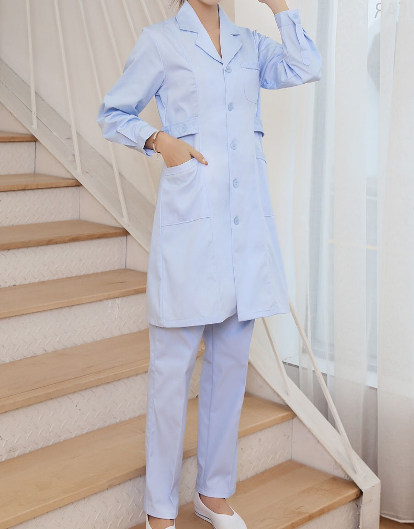 护士服长袖冬装女白大褂收腰短袖粉色店美容院师工作服套装 西服领