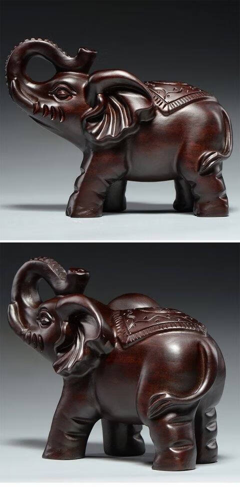 红木家居办公室木头象装饰工艺品开业新居普通黑檀富贵象长6cm一对