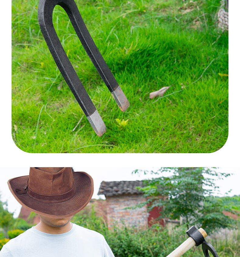 二齿钉耙加厚大号铁耙子赶海园艺农具松土锄头地耙地翻土两齿长柄 flh