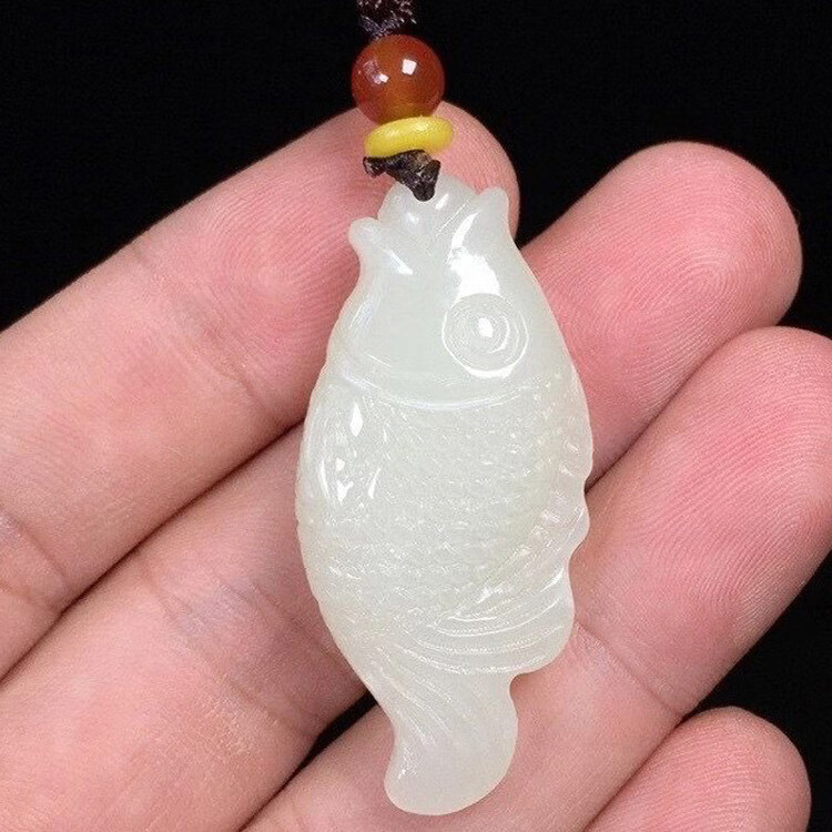 同伴 和田玉白玉鱼吊坠男女玉坠年年有余项链玉石玉器礼物挂件 带证书