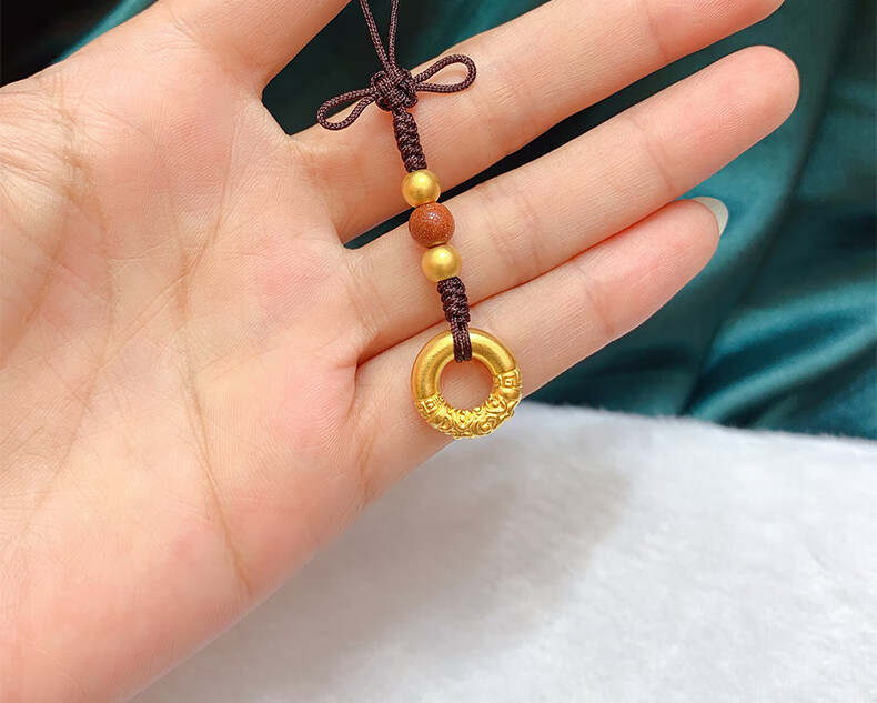 999纯金如意金箍圈吊坠黄金手机挂件金转运珠平安扣钥匙扣挂绳个性