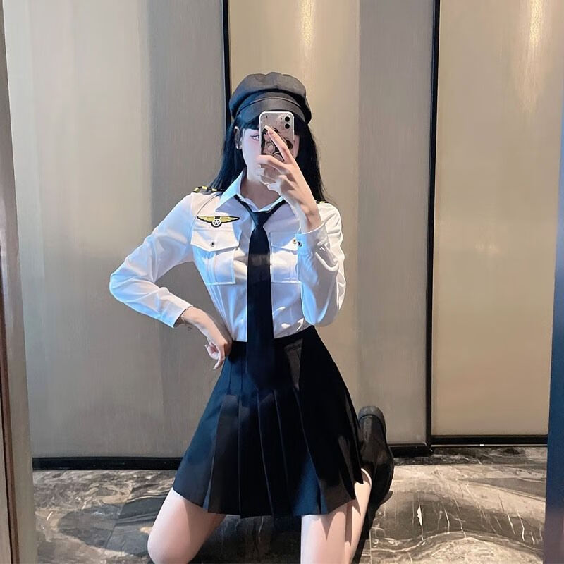 品質精選空姐jk制服套裝女夜店酒吧工作服海軍風職業裝長袖領帶襯衣兩