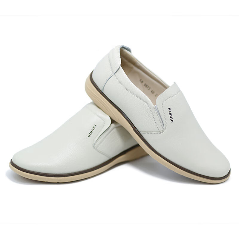 老人头休闲鞋秋季男士米白色皮鞋男真皮白鞋浅色米色商务休闲男鞋软底