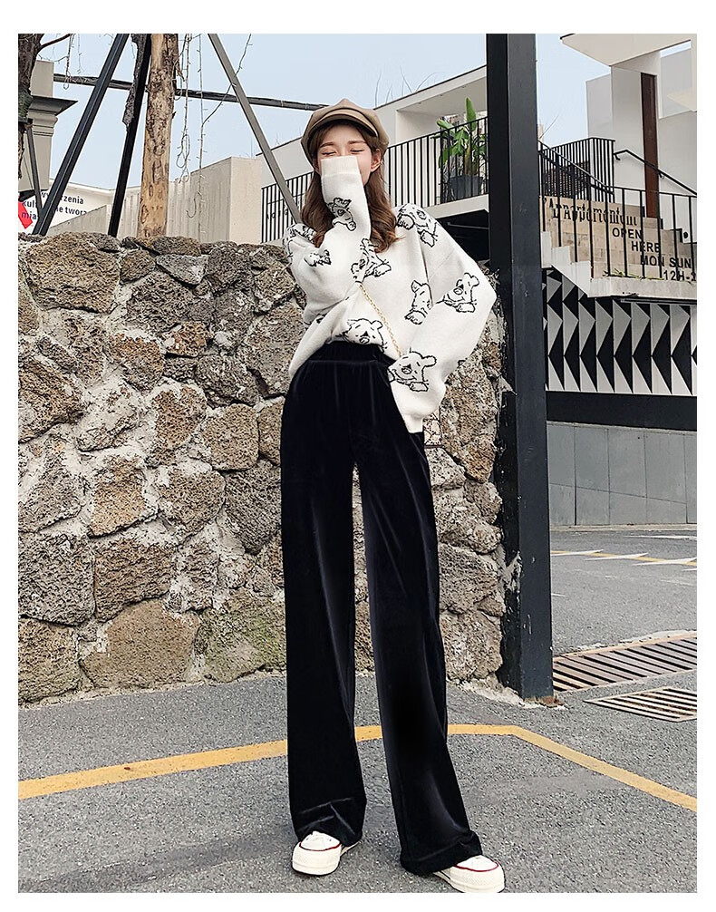 88879-忻萦(XIN YING)金丝绒阔腿裤女秋冬高腰宽松坠垂感直筒黑色加绒裤子休闲拖地加厚 黑色(加绒加厚,免费退换) 均码(建议157cm-170cm,90-150斤)-详情图
