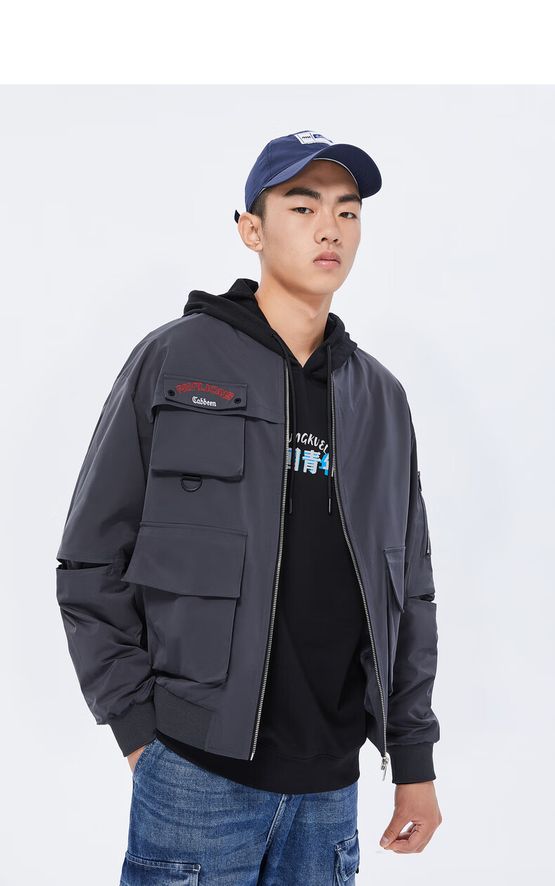 y卡宾男装灰色工装夹克外套2020秋冬新款潮流中英文刺绣机能分割h 深
