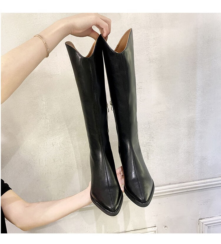 senropala品牌长筒靴子女2020冬季新款牛皮皮靴厚底高筒尖头白色骑士