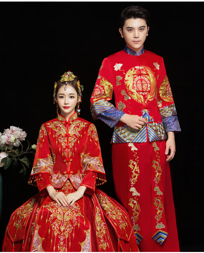 秀禾服男新款秀禾服男新款新郎古装中式结婚礼服男女套装龙凤褂敬酒服