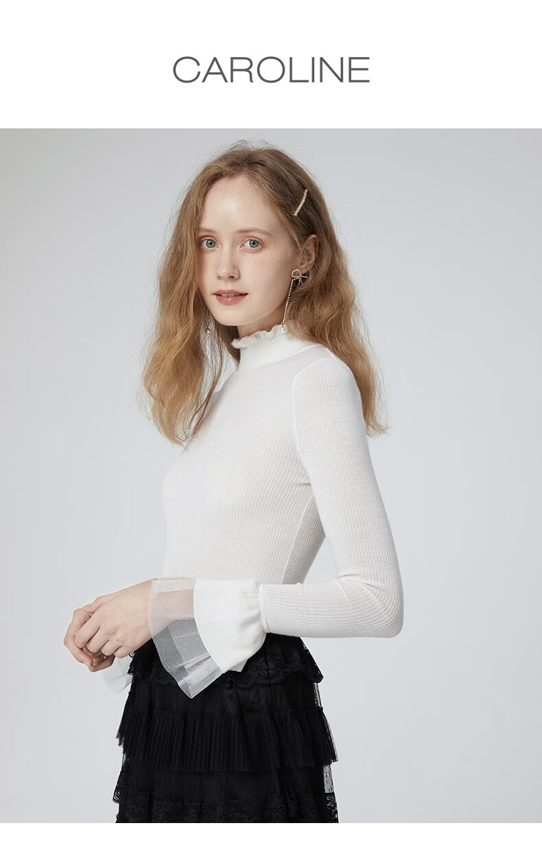 caroline卡洛琳19秋季新小立领网纱开扇袖针织衫ecr9ca53红色l