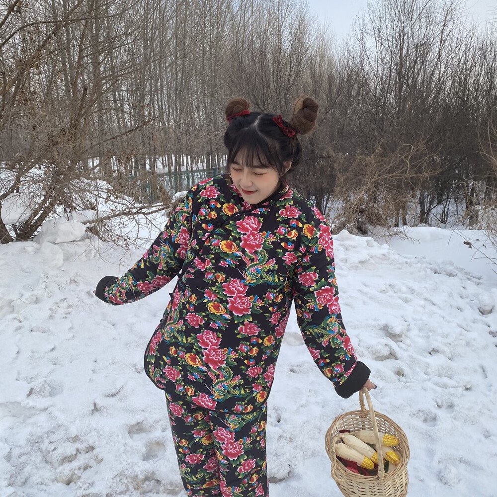 东北棉花裤棉袄女冬加厚民族风碎花棉服时尚棉衣棉裤套装女外穿同款