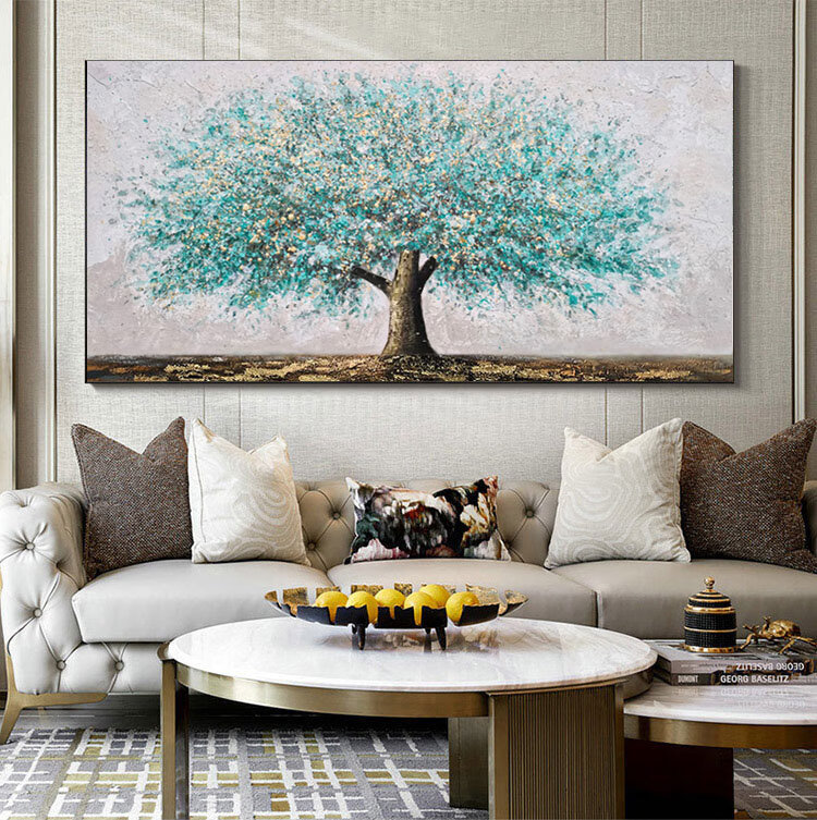 旭泽 纯手绘油画定制手绘油画横版发财树客厅沙发背景墙挂画轻奢别墅