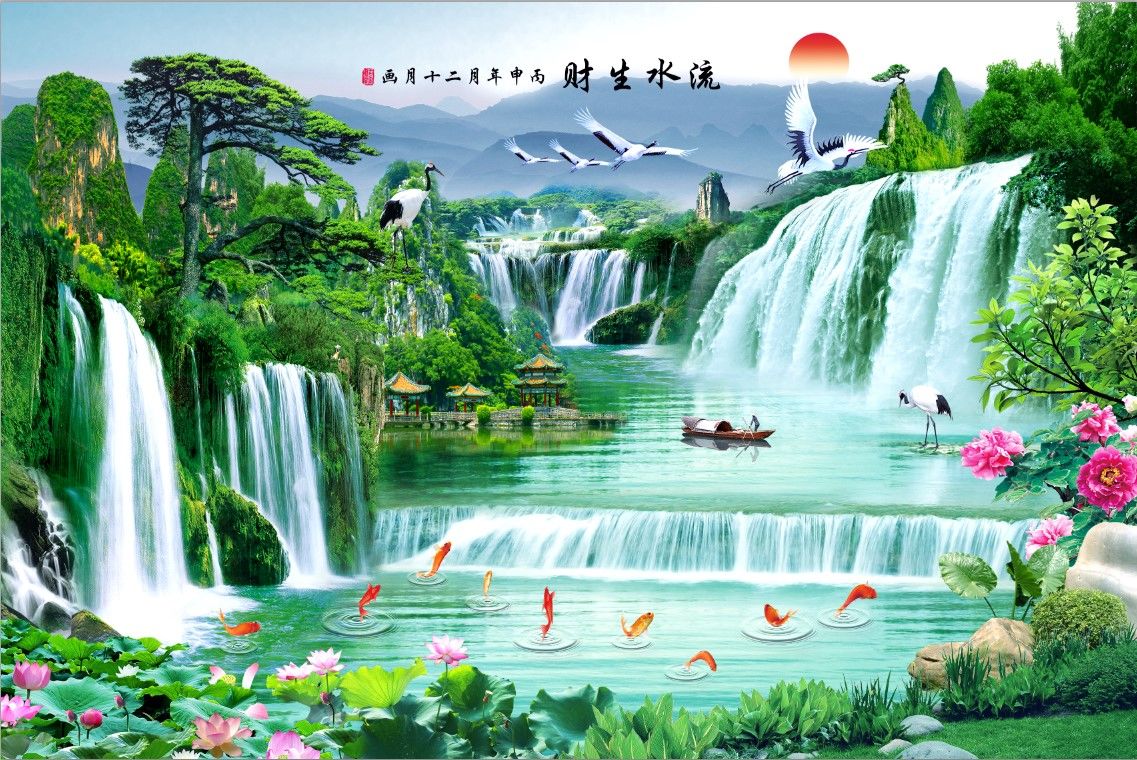 (特价)贴画墙贴壁画壁纸自粘墙纸中式客厅山水画风水墙画装饰电视背景