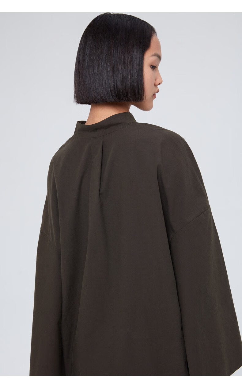 blue erdos女装 春夏立领溜肩长袖女休闲喇叭袖上衣 深绿 155/76a/xs