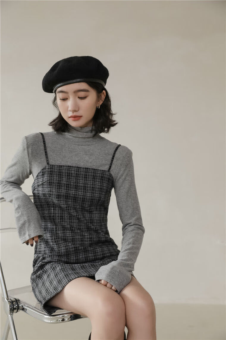 怡曼莎气质穿搭炸街套装女2020秋冬新款半高领针织衫毛呢磨毛格子吊带