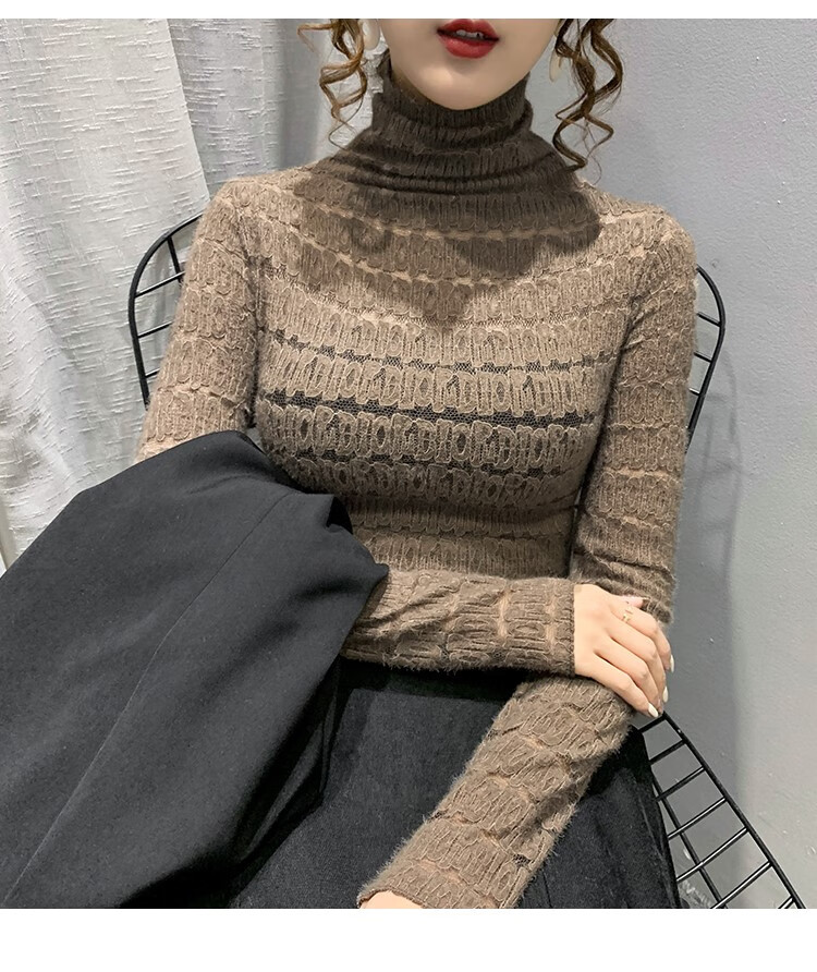 堆堆高领磨毛蕾丝加绒打底衫女秋冬新款内搭洋气小衫长袖网纱上衣