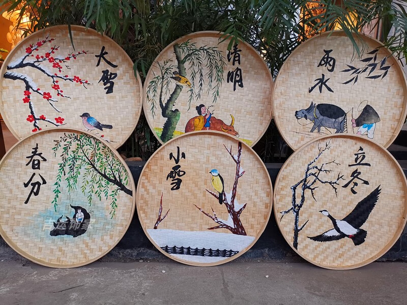 手绘竹编簸箕画二十四节气农家乐挂件幼儿园竹匾乡村背景墙面装饰