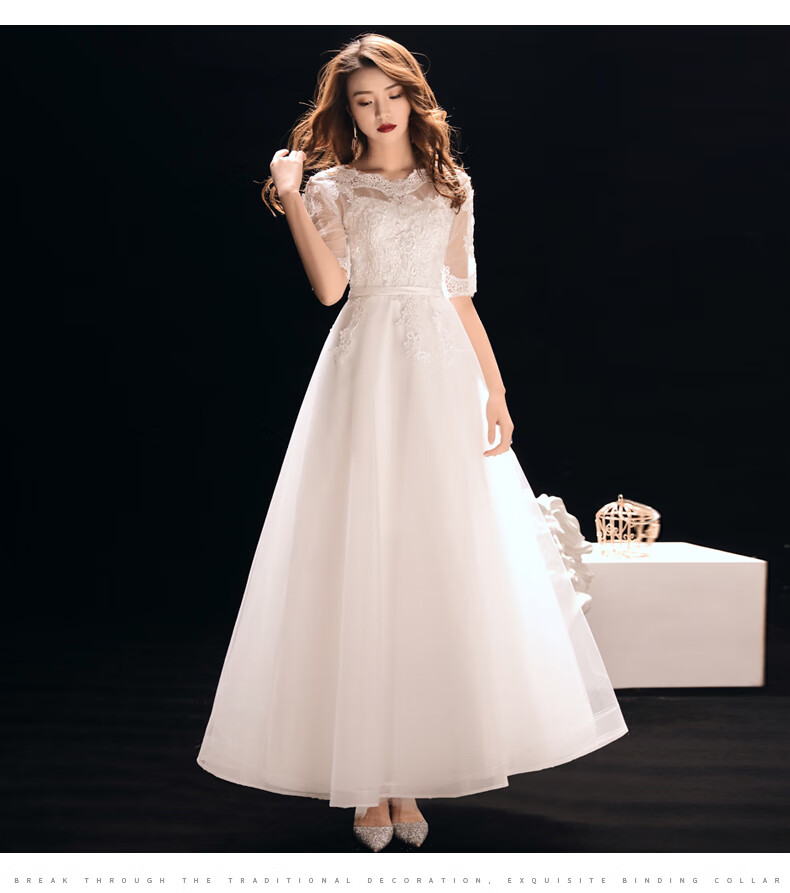 钢琴演奏礼服少女演出服学生礼1秋冬白色晚女新款中袖宴会长款伴娘