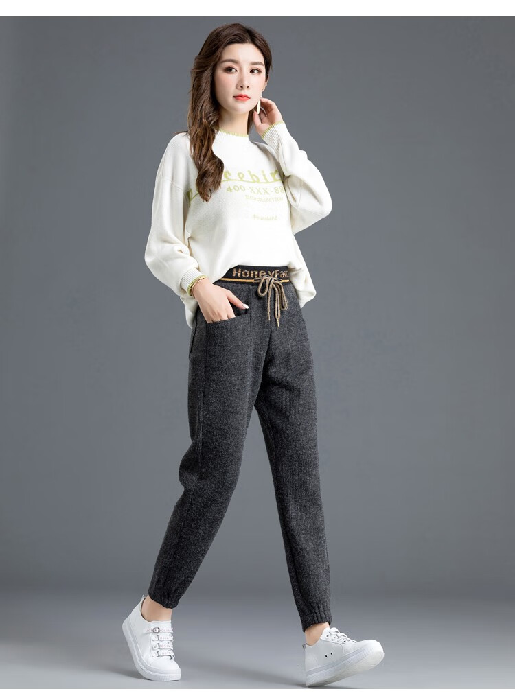 休闲裤毛线咖色针织裤女秋冬运动外穿加厚加绒女裤哈伦裤毛呢裤子ym07