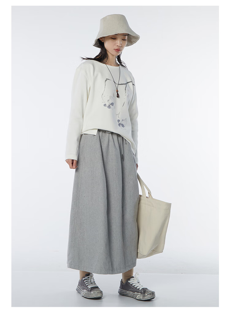 竹林石屋女士百搭棉麻半身裙纯色宽松遮肉大摆复古显瘦裙子秋季款