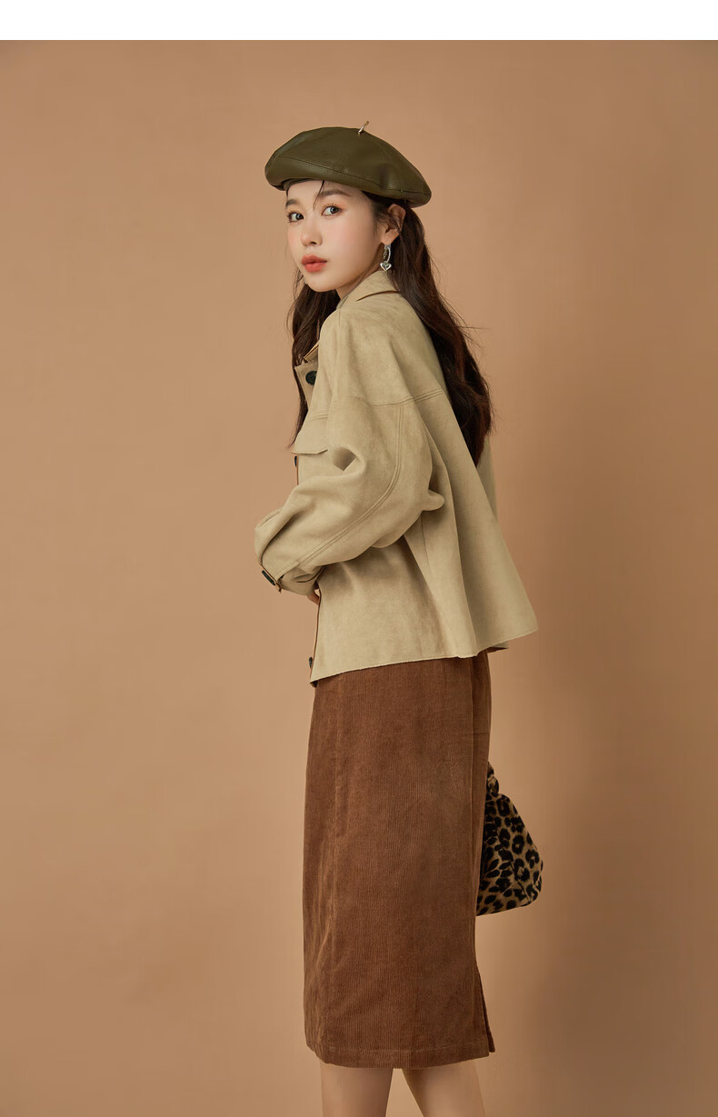 复古日系短外套女2021年早秋季新款百搭时髦麂皮绒小上衣 卡其色现货