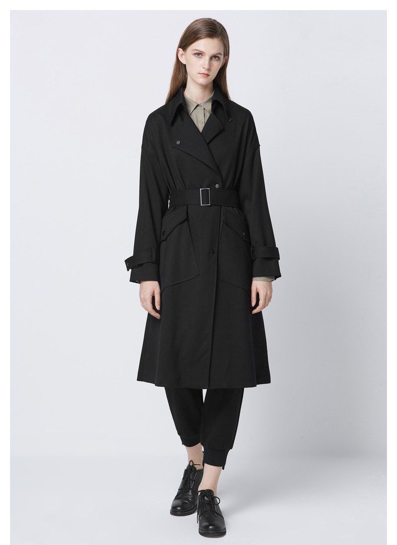 sdeer圣迪奥春秋季女装时尚翻领收腰拼接长款风衣s21361811黑色91m165