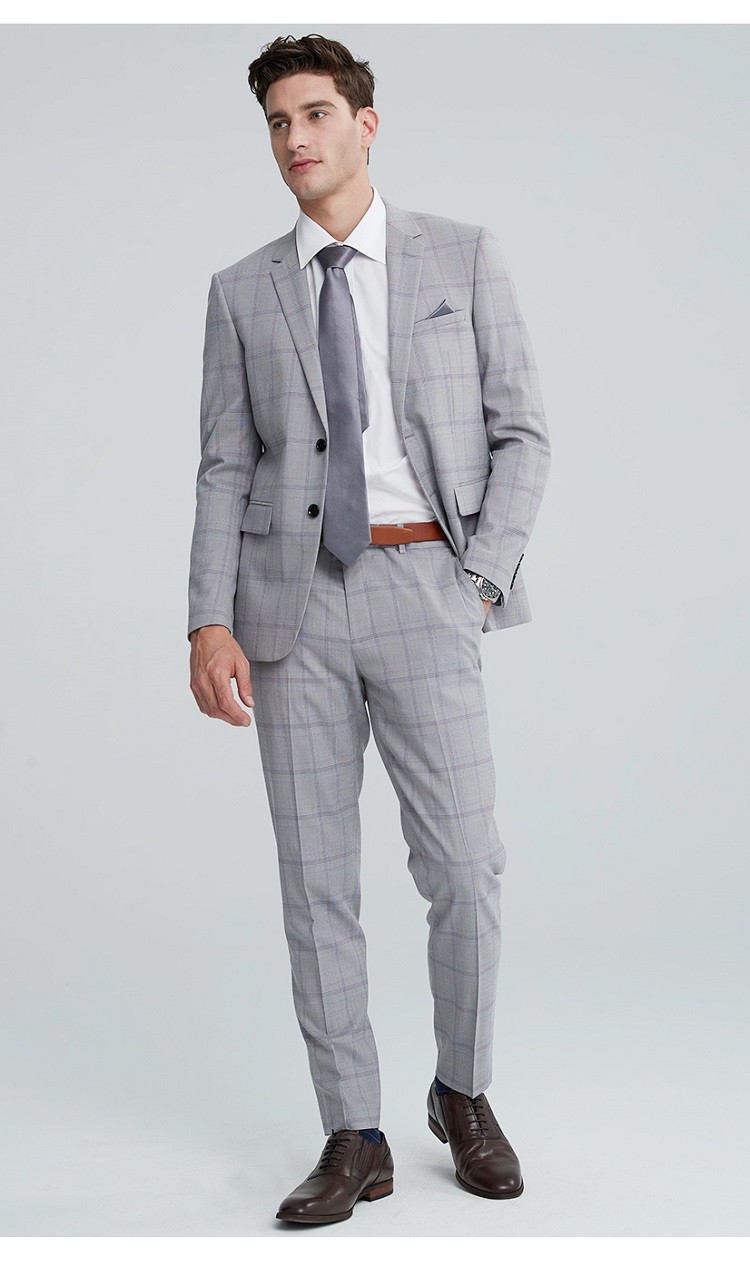 男装 西服套装 zopo zopo男士灰色紫格纹休闲商务西装婚礼修身职业
