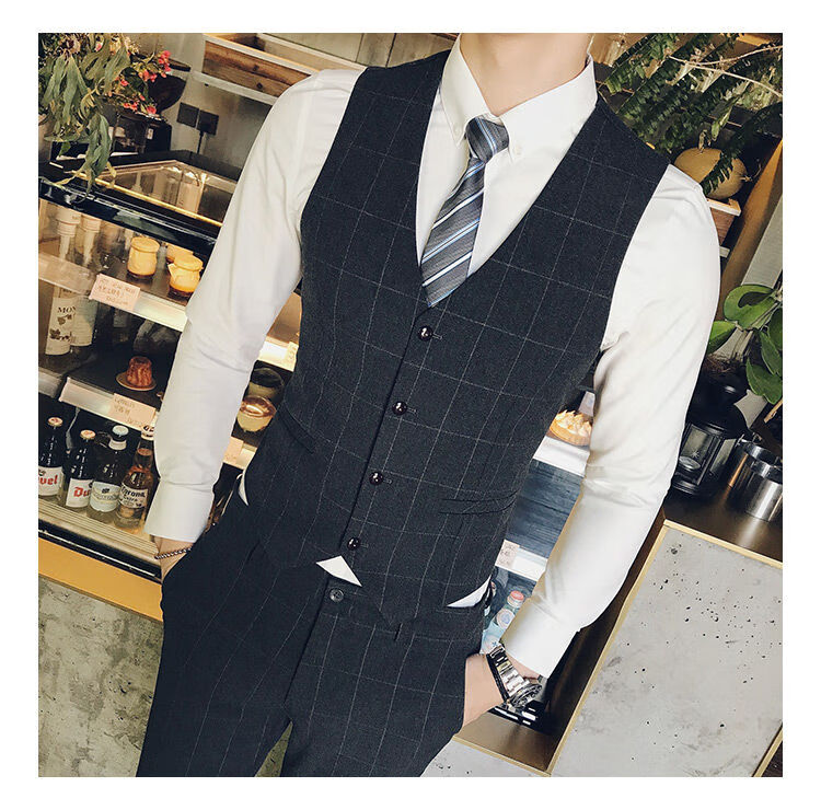 培蒙 男士西装马甲套装春秋韩版修身潮流英伦格子西服新款时尚马夹