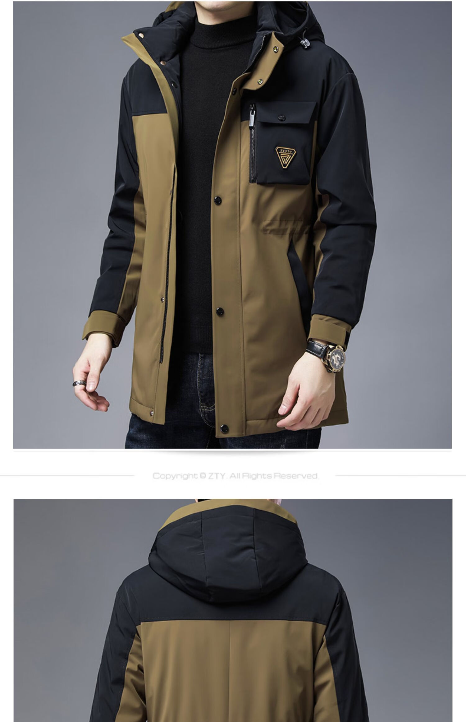 2020冬季连帽中长款羽绒服男士潮流撞色工装外套韩版冬天户外男装 咖