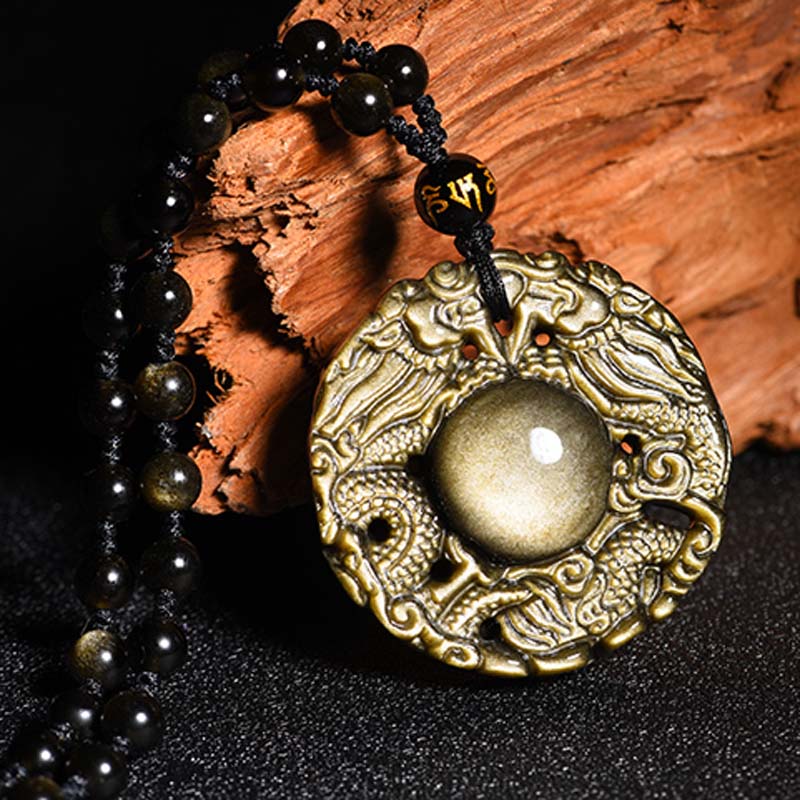 海清正堂天然黑曜石双龙护主吊坠平安扣双面雕刻双龙护主吊坠饰品尺寸