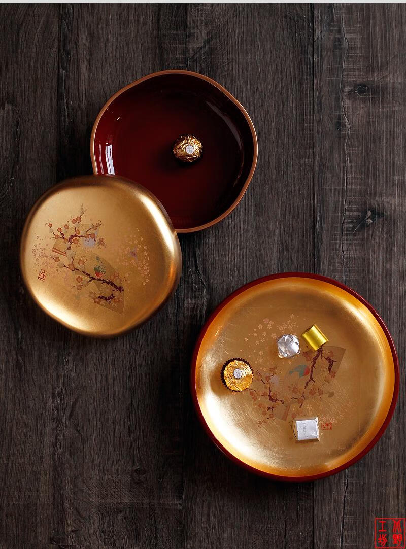 北野工坊日本制箔一金箔樱花红叶雀鸟漆器盘子水果食盒点心盒子日式大