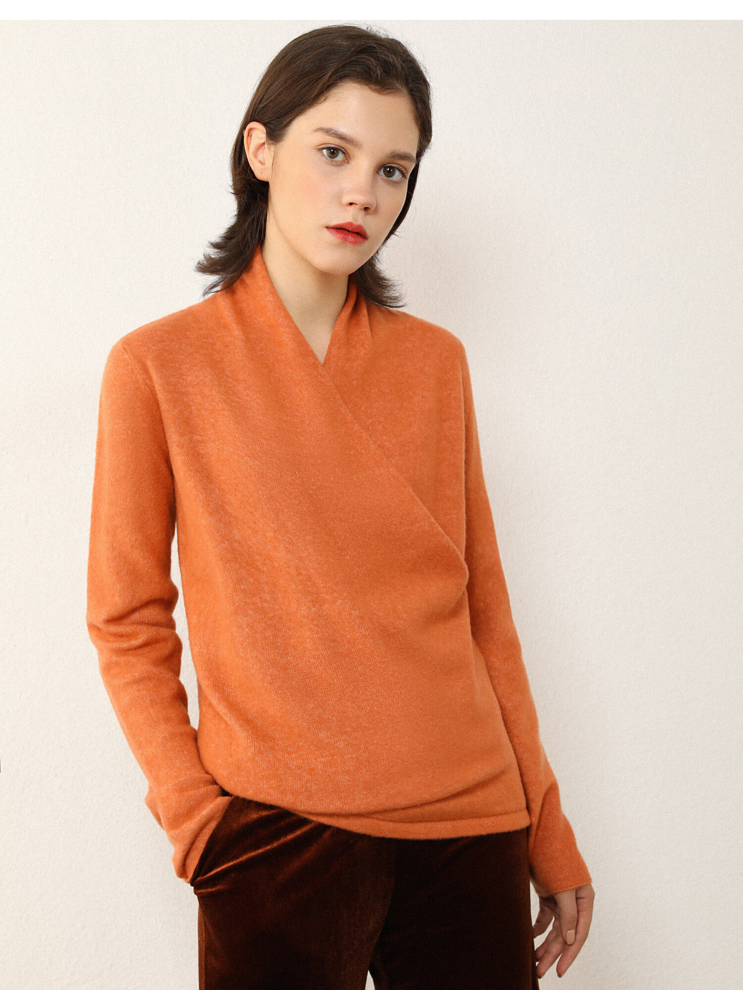 amii极简通勤时尚围裹交叉v领毛衣冬季新款修身显瘦上衣女 摩卡色 160