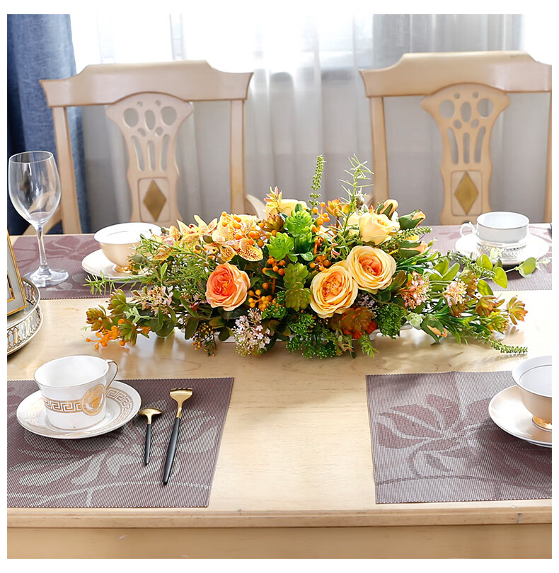 野派餐桌花摆花长桌装饰花桌面假花仿真花摆设酒店西餐厅高端花艺摆件