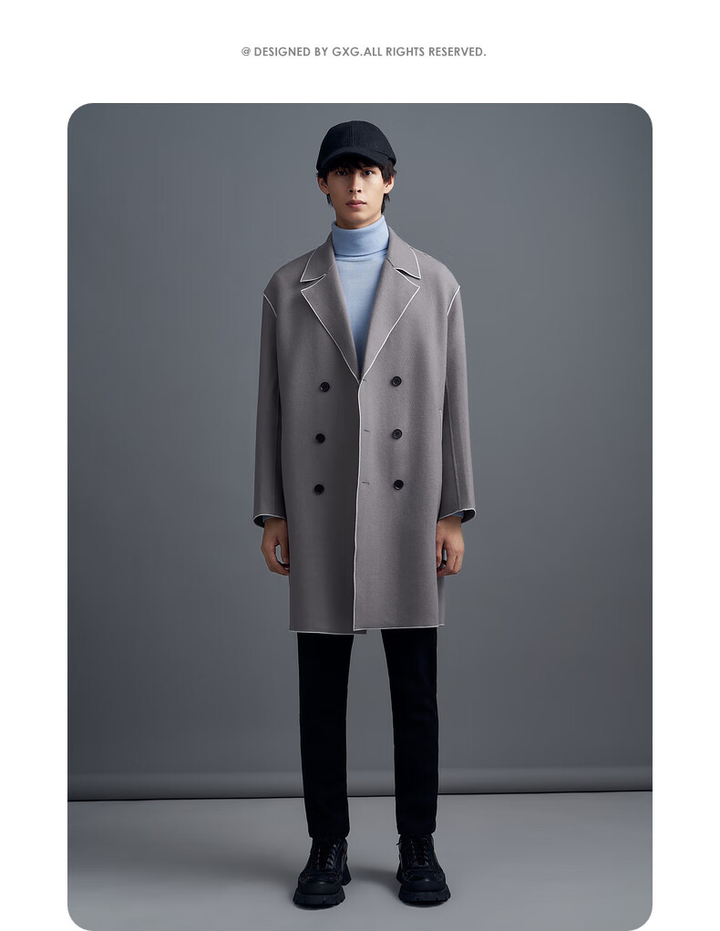 gxg男装冬季款商场同款灰色中长款毛呢大衣男士潮流外套 灰色 180/xl