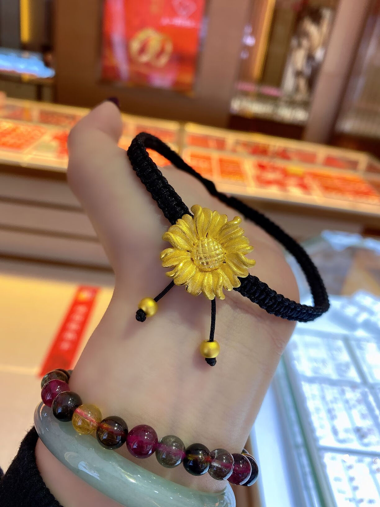 黄金向日葵吊坠新款太阳花颈饰手工编绳999足金转运珠项链女黄金