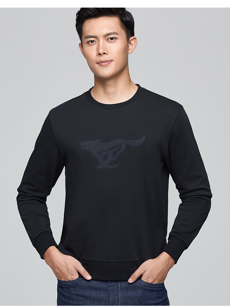 七匹狼长袖t恤男秋季新款套头卫衣潮流圆领宽松体恤衫男装001黑色170